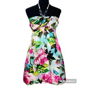 Andrea Behar Floral Halter Mini Dress — Beaded Neckline, Multicolor, Size 4